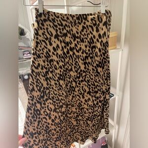 Satin Leopard Print MIDI Skirt with Slit